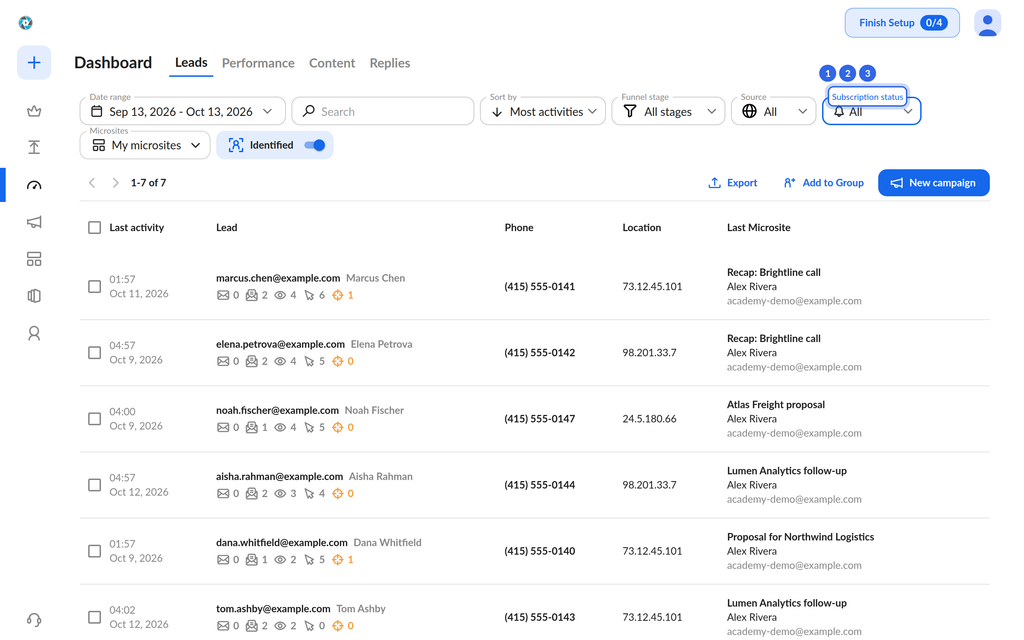 Campaigns All tab listing ongoing and ended campaigns with the Status filter open