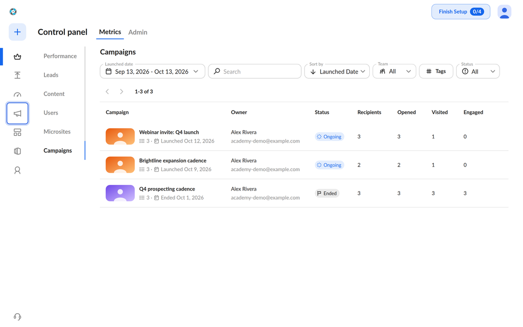 Metrics Campaigns list with owner, status, recipients, opened, visited and engaged columns