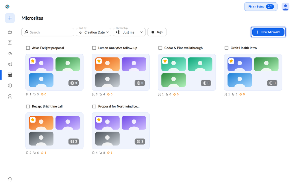 Microsites library with the New Microsite button in the top-right corner
