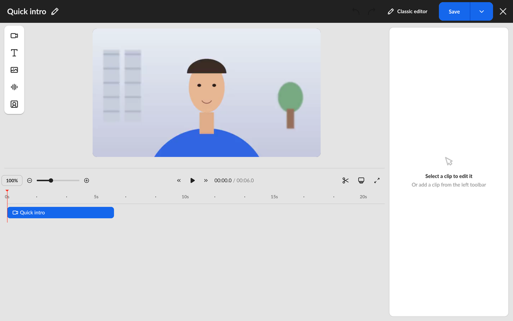 New Video Editor with the canvas, the left toolbar and the multi-track timeline