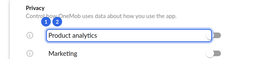 Account Settings Privacy tab with the Product analytics and Marketing switches
