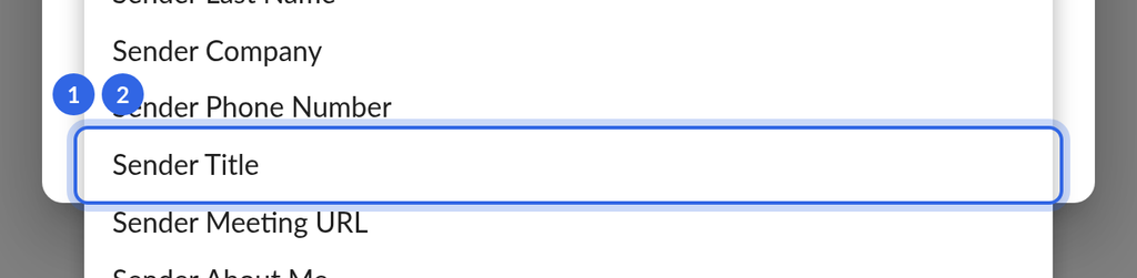 Campaign email editor with the Custom fields menu open listing the Sender fields