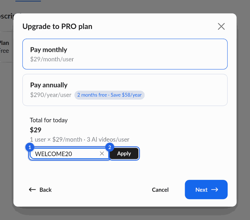 Checkout step of the Upgrade to PRO plan window with the coupon code field and Apply button