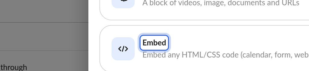 Add section window listing section types with Embed highlighted