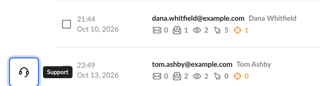 OneMob app menu with the Support item and the support chat window open