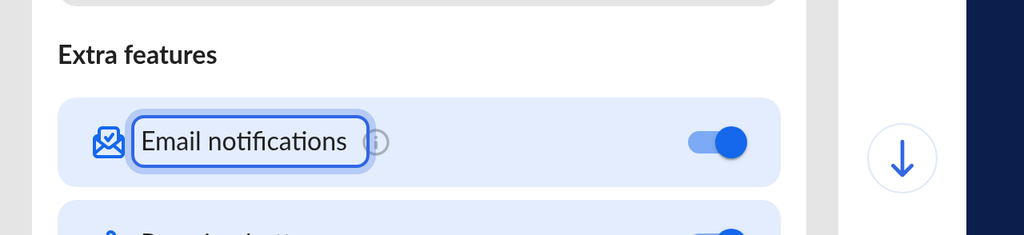 Options section of the microsite editor showing the Email notifications switch under Extra features