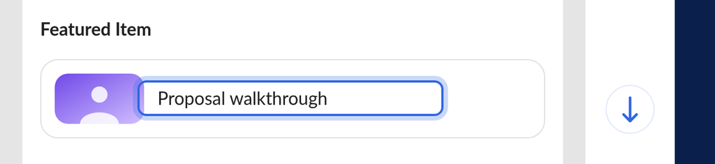 Featured item section of the microsite editor with heading fields and the featured video row