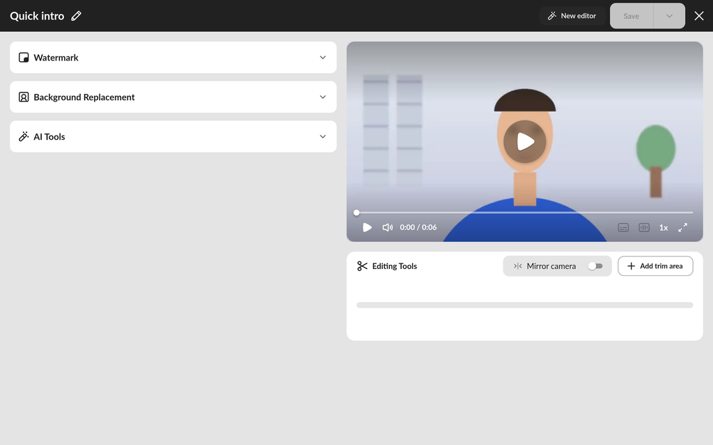 Classic editor with its three edit sections beside the video preview