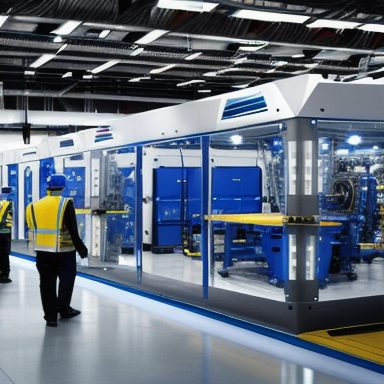 Engineers working on automated assembly line