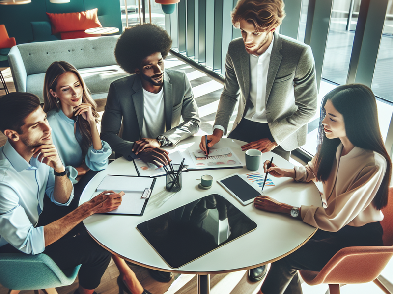 Marketing team collaborating in a modern office