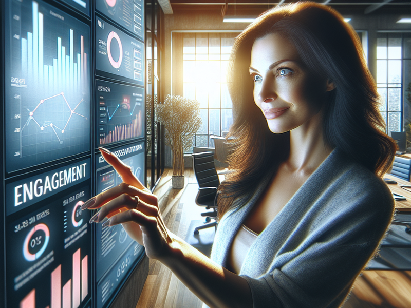 Marketing professional analyzing engagement metrics on a sleek dashboard