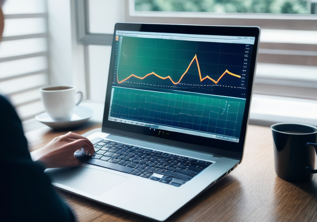 A person using a laptop with a graph on the screen